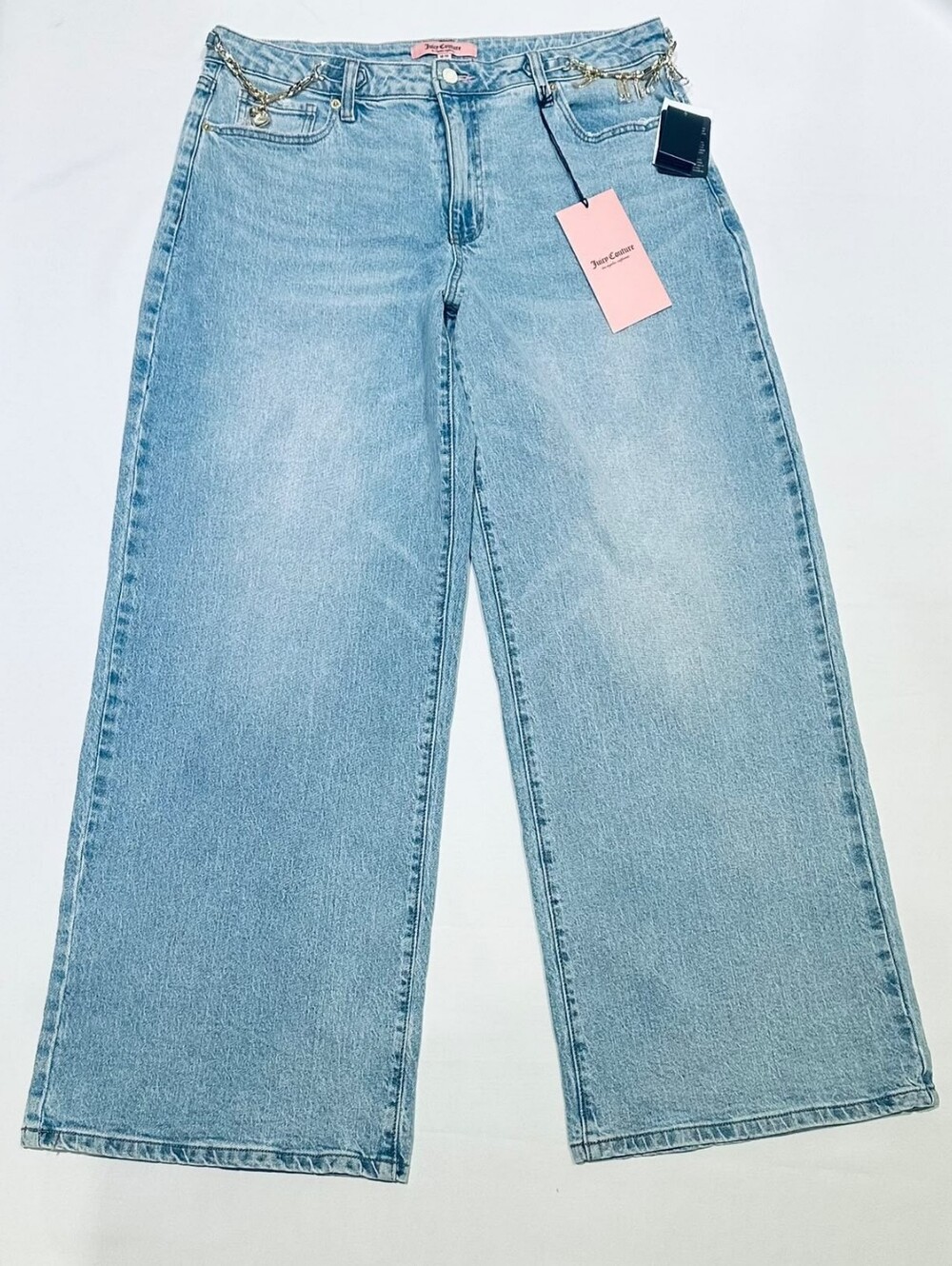 Juicy Couture Light Blue Wide-Leg Jeans with Gold Chain Waistband